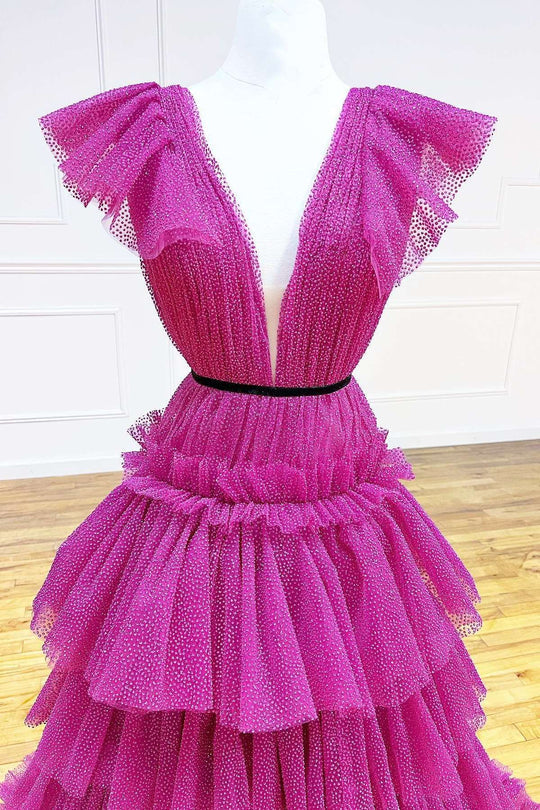 Luolandi A Line V-neck Long Tiered Ruffles Prom Dresses Evening Dresses Magenta